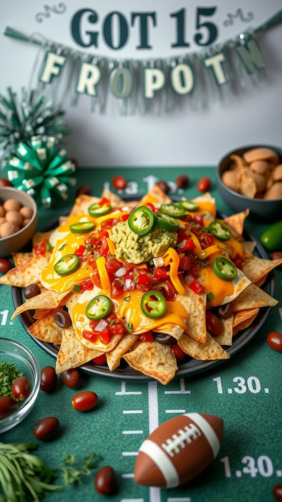 A plate of loaded nachos topped with cheese, jalapeños, guacamole, and diced tomatoes, set against a football-themed background.