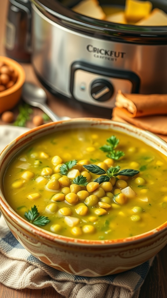 A bowl of split pea soup with green leaves on top, sitting beside a crockpot.