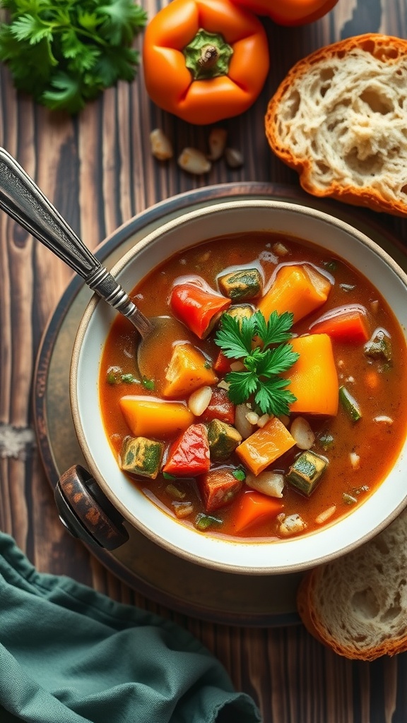 A bowl of colorful stuffed pepper soup garnished with parsley, served with bread.