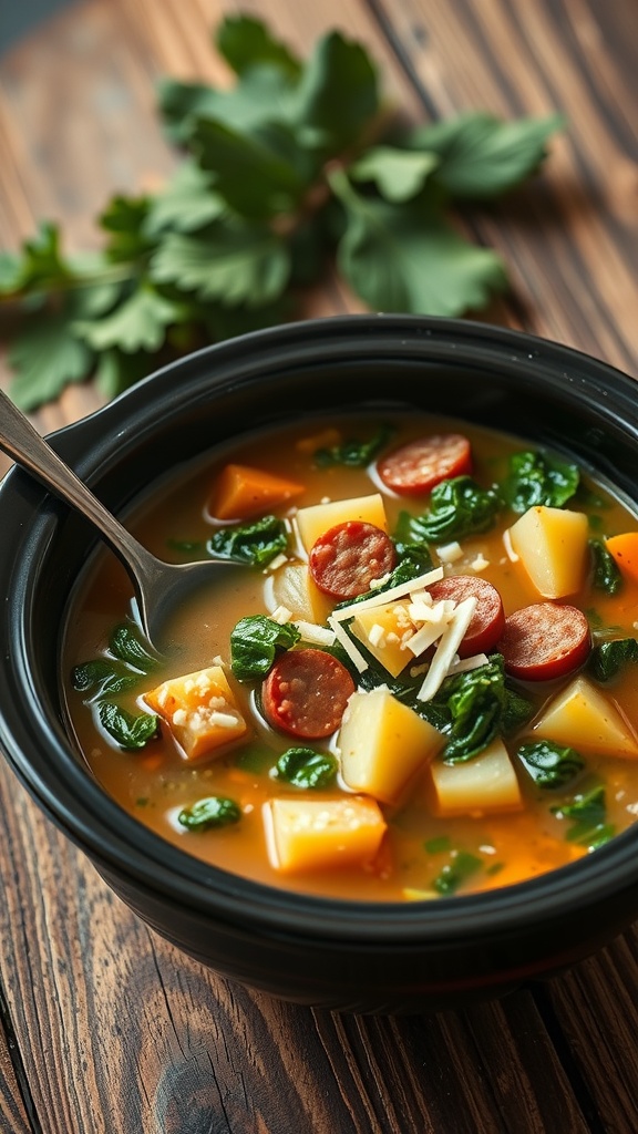 A bowl of delicious Crockpot Zuppa Toscana with sausage, potatoes, and kale.