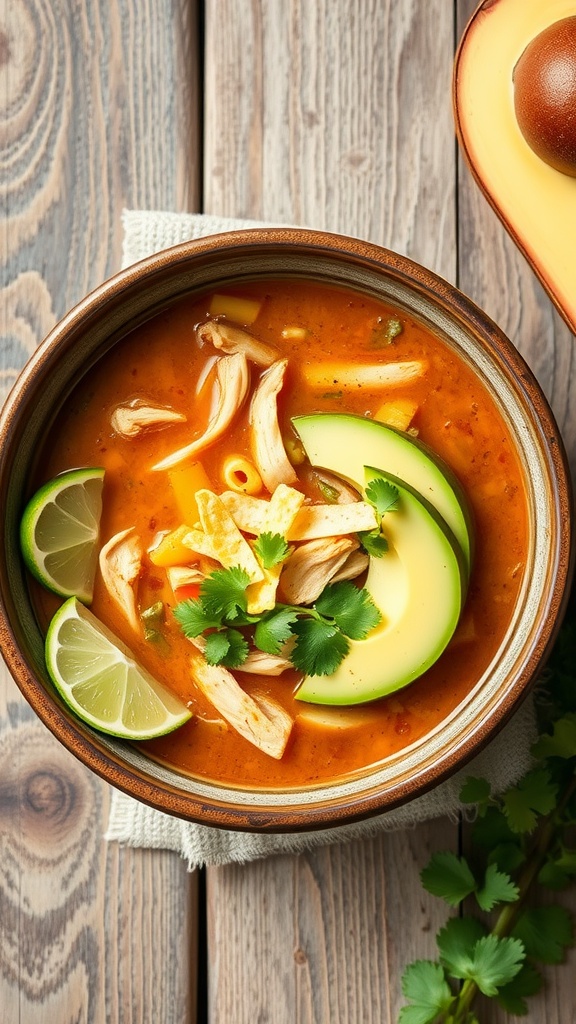 A bowl of chicken tortilla soup topped with avocado slices, cilantro, and lime wedges.