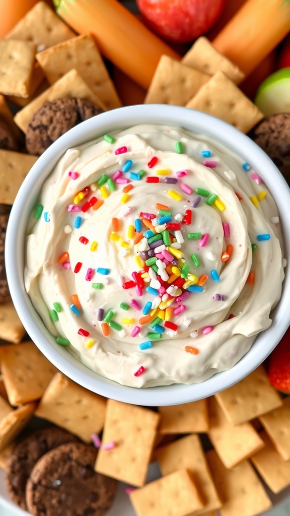 Delicious Funfetti Cake Batter Dip Recipe A colorful Funfetti Cake Batter Dip with sprinkles, served with graham crackers and fruit dippers.