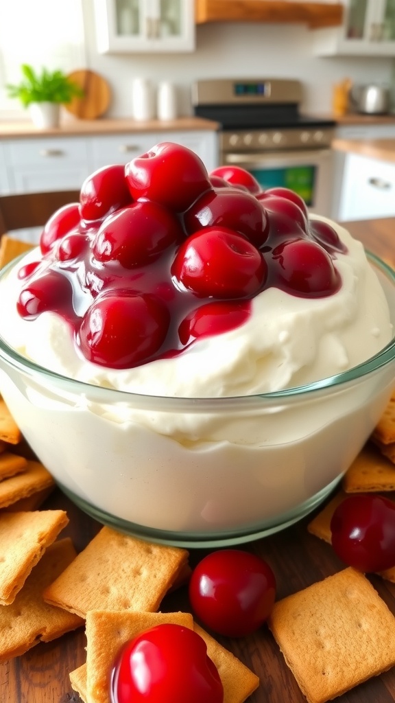 Delicious Cherry Cheesecake Dip Recipe A bowl of creamy Cherry Cheesecake Dip with cherry pie filling on top, served with graham crackers and fresh fruit.