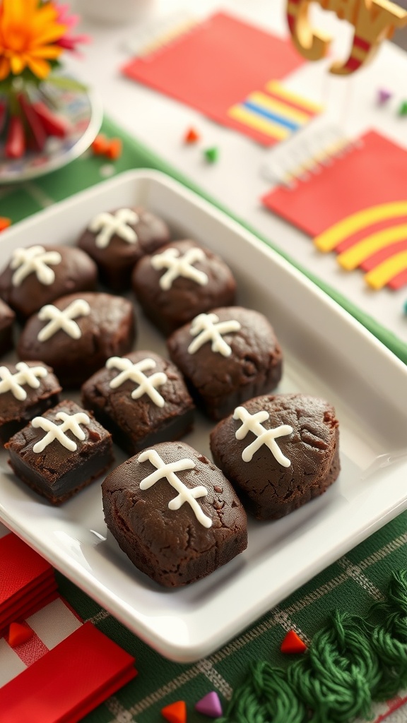Football-shaped brownie bites on a platter