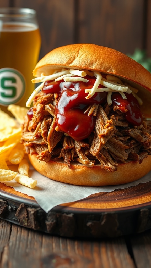 A delicious pulled pork sandwich topped with barbecue sauce, served with chips and a cold drink.