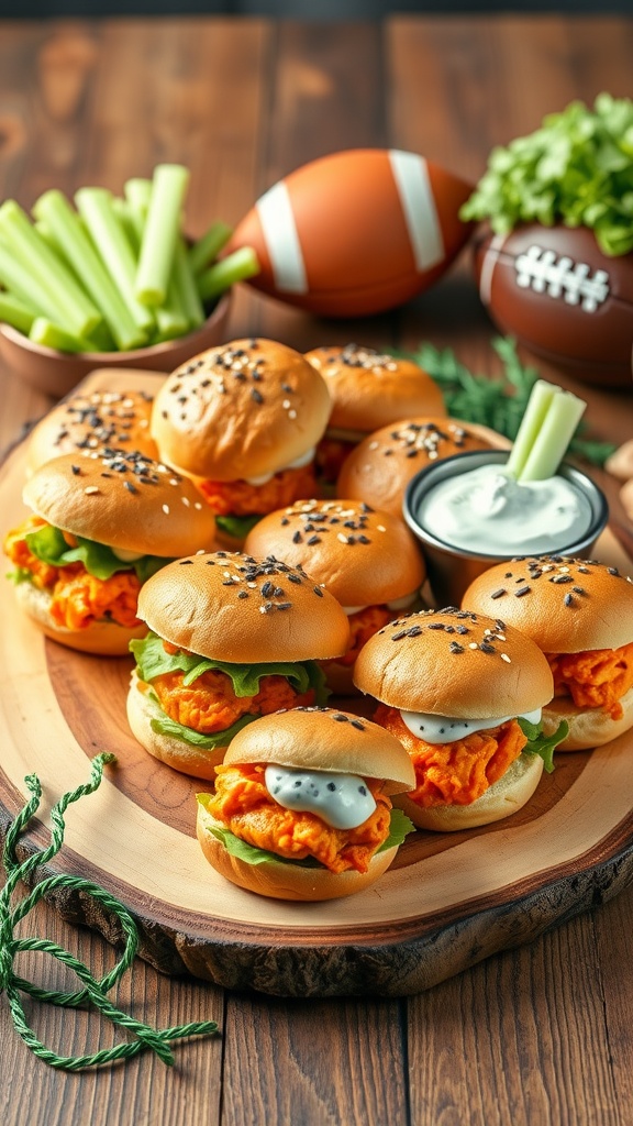 A platter of buffalo chicken sliders with celery sticks and dipping sauce, perfect for a Super Bowl party.