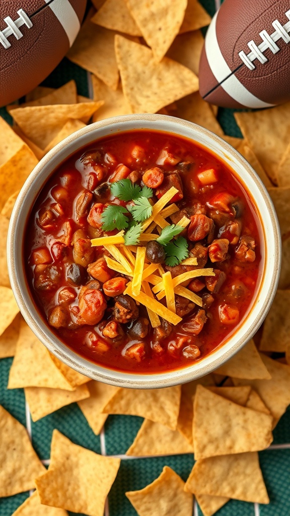 A bowl of chili con carne topped with cheese and cilantro, surrounded by tortilla chips and footballs.