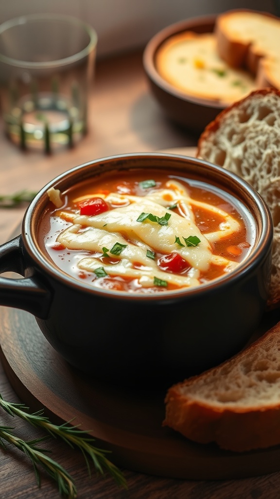 A bowl of French onion soup with cheese and bread on the side.