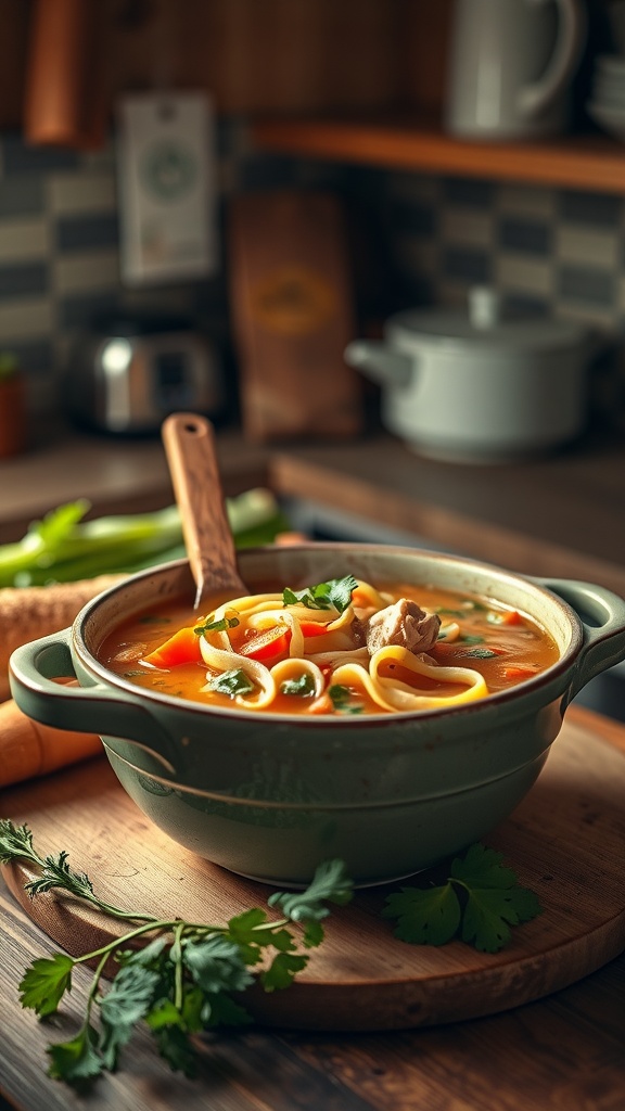 A bowl of chicken noodle soup with vegetables and noodles
