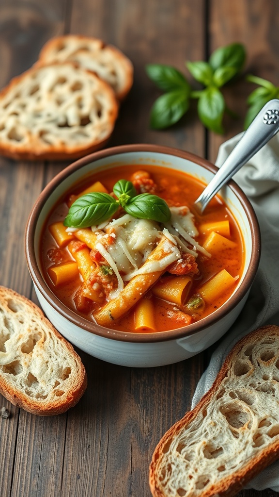 A bowl of comforting lasagna soup with noodles, meat, and cheese, served with slices of bread.