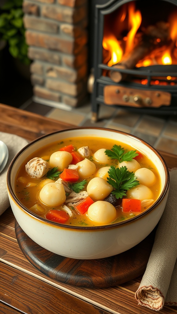 A bowl of creamy chicken gnocchi soup with vegetables, garnished with fresh herbs.