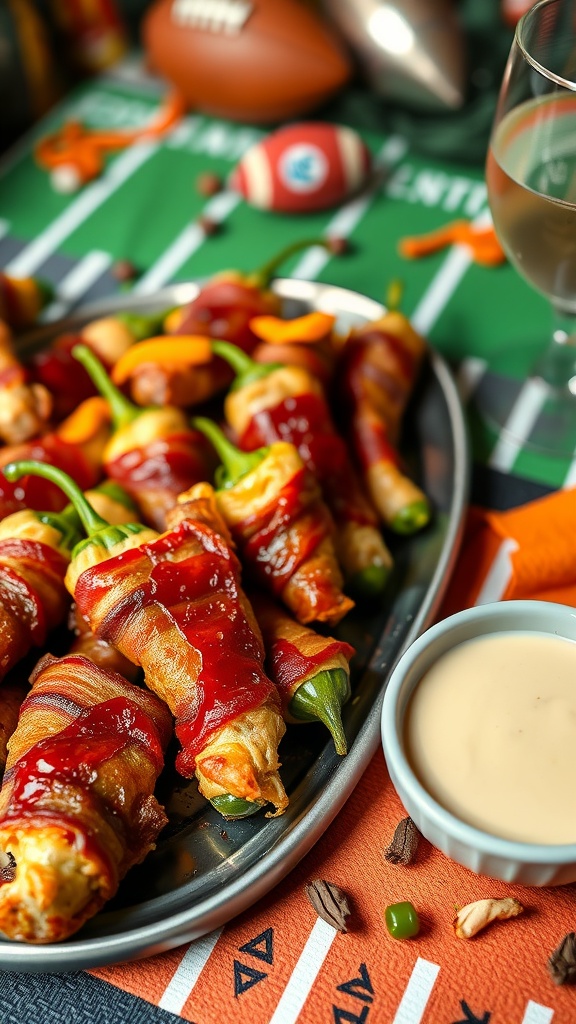 A platter of bacon-wrapped jalapeño poppers with a dipping sauce, set against a football-themed background.