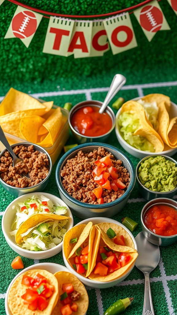 A spread for a mini taco bar featuring toppings like seasoned beef, fresh vegetables, and various sauces.